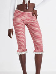 Aiertu  -  Women s Plaid Capri Pants with Lace Ruffles and Stretchy Cropped Leggings for Summer Casual Wear Aiertu