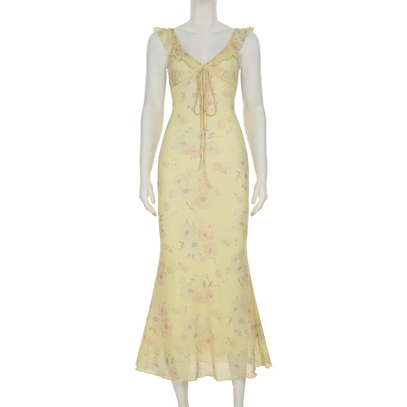 Aiertu  Holiday Ruffles Floral Trumpet Dress Slim Deep V-Neck Sleeveless Maxi Dresses For Women 2025 Summer Fashion Streetwear Aiertu