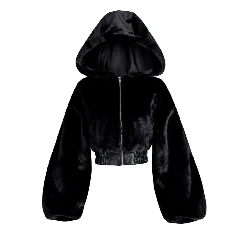 Aiertu  -  Fashion Zipped Up Coat Women's Hooded Outwear Female Parkas Winter Lamb Fur Fleece Coat Y2k Korean Fashion Vintage Crop Jackets Aiertu