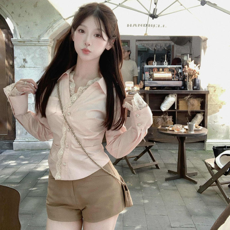 Aiertu Kawaii Cropped Pink Shirts Women Streetwear Lace Patchwork Blouses Korean Fashion Cute Long Sleeve Slim Design Tops New Aiertu