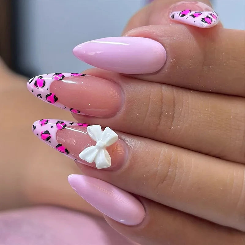 Aiertu Pink French Style Fake Nails 3D Bowknot Designs Short Square Press on Nails Sweet Korean Fashion False Nails for Women and Girls Aiertu