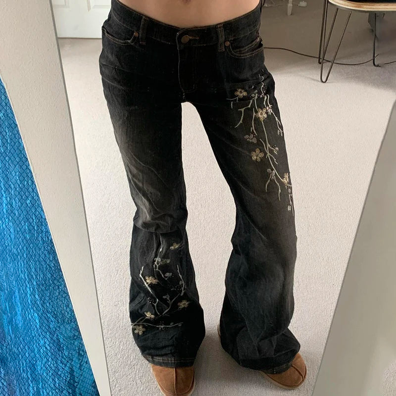 Aiertu  -  Plant Printed Embroidery Y2K Flare Jeans Women Vintage Skinny Boot Cut Trousers Fashion Street 2000s Denim Pants Fall Aiertu
