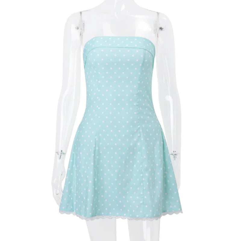 Aiertu  -  Fashion Sexy Hot Girl Slash Neck Strapless Dress For Women Slim Fit Dot Print Lace Sweet Birthday Party Mini Dress Female Aiertu