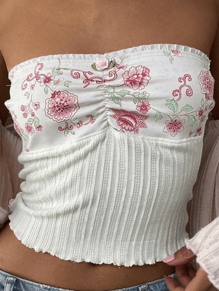 Aiertu  -  Patchwork Floral Knitted Bandeau Top Aiertu