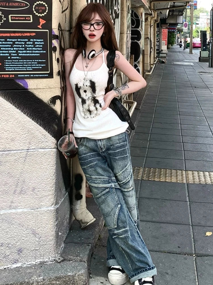 Aiertu  -  Kawaii Cartoon Dog Tank Top Women Streetwear Sleeveless Backless Slim Tops Summer Sexy Halter Lace Up Y2k Tops for Girls Aiertu