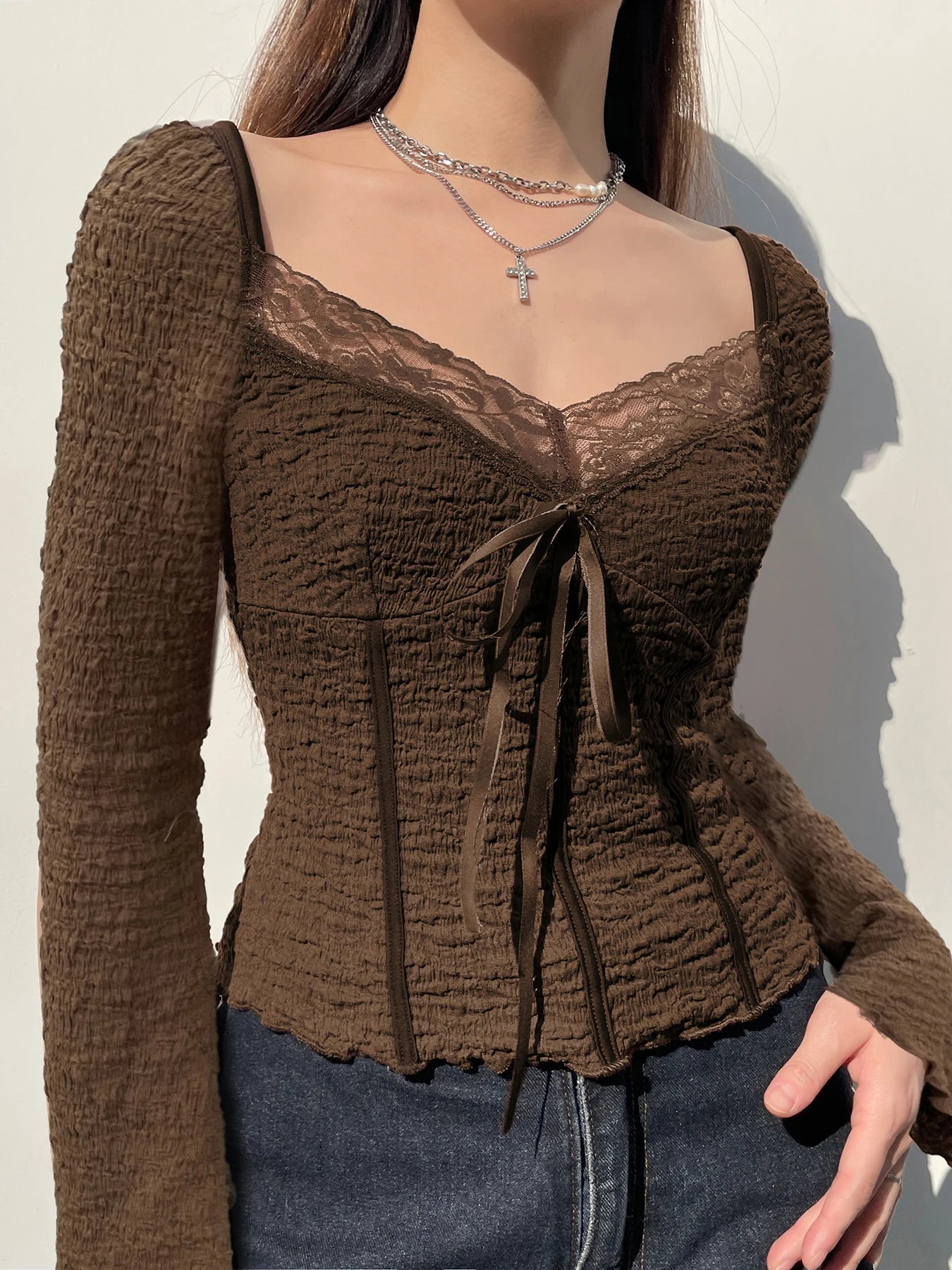 Aiertu  -  layered look inspo Brown Sexy Pleated Long Sleeve T-Shirt for Women Square Neck Semi-see-through Casual Aesthetic Vintage Tops Y2k Clothes Aiertu