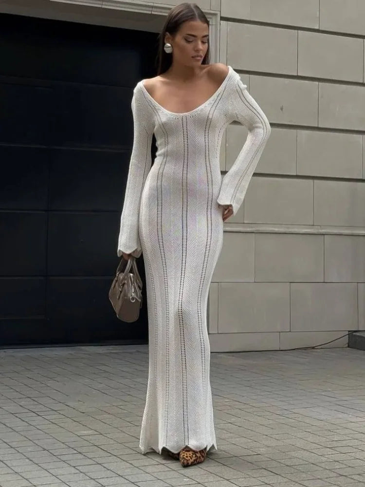 Aiertu  -  Fashion Flared Sleeves Lace Hem Maxi Dress Lady Elegant Solid Back Lace Up Long Dress Female Casual Streetwear Club Party Robes Aiertu