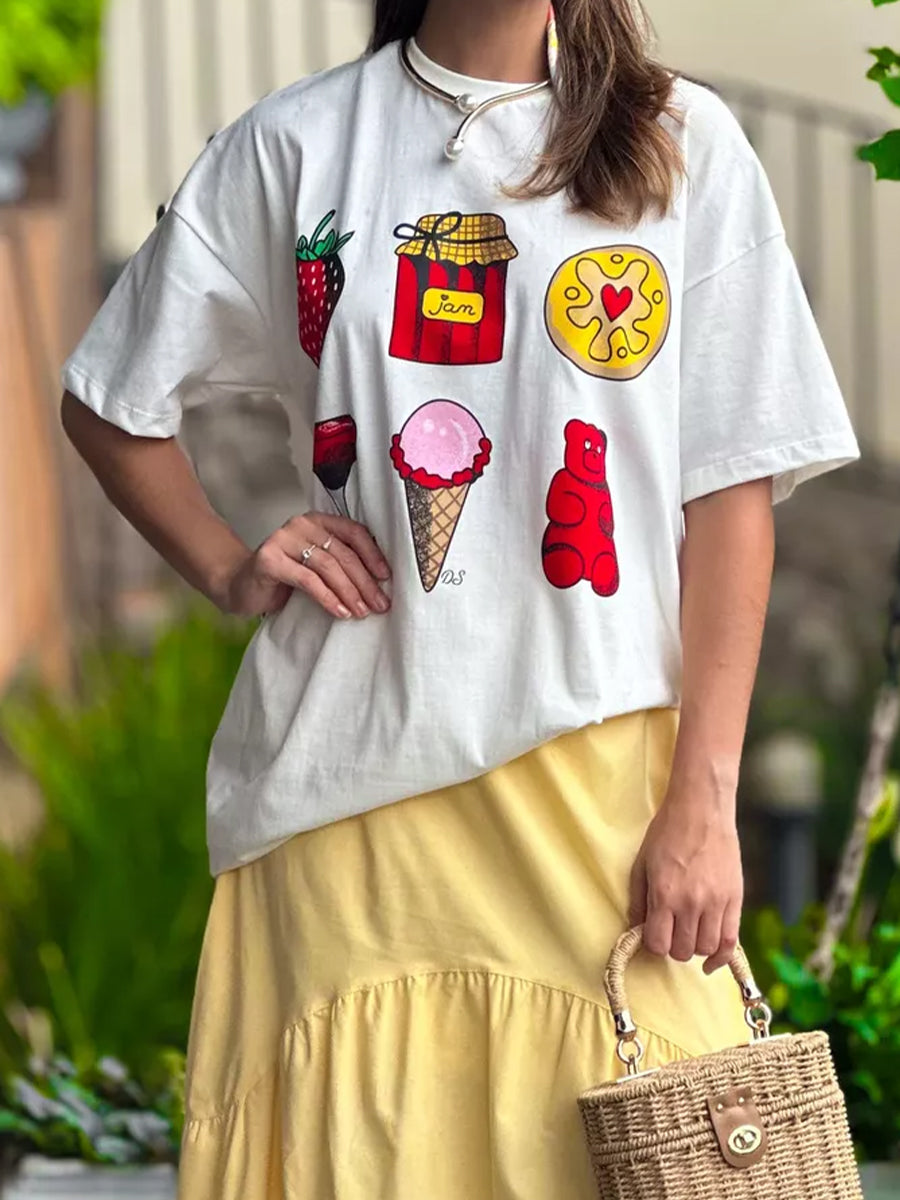 Aiertu  -  Women Y2k Graphic Short Sleeve T-Shirts Bow/Dessert/Lemon Print Aesthetic Oversized Shirts Summer O Neck Loose Tops Streetwear Aiertu