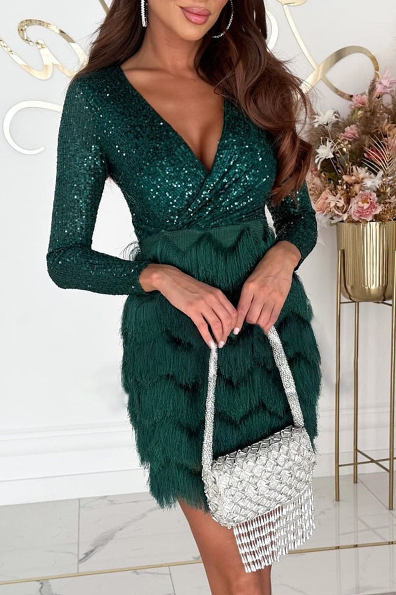 Aiertu  -  Sexy Solid Tassel Sequins V Neck Wrapped Skirt Dresses Aiertu