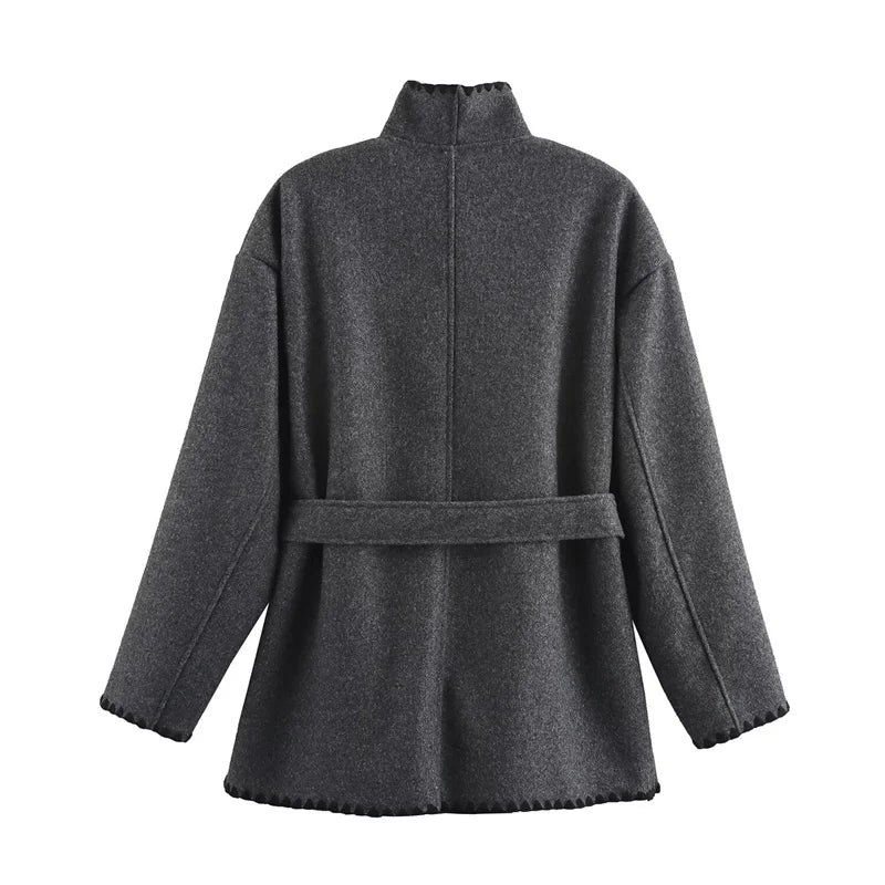 Aiertu  -  casual winter outfits Autumn Winter Grey Sashes Coat For Women Stand Collar Long Sleeve Loose Blends Warm Overcoat with Pockets Lady Outwear Aiertu