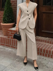 Aiertu  Elegant V-neck Top Long Pants Set Women Sleeveless Single Breasted Vest High Waist Wide Leg Pants Lady 2025 Spring Summer Outfit Aiertu