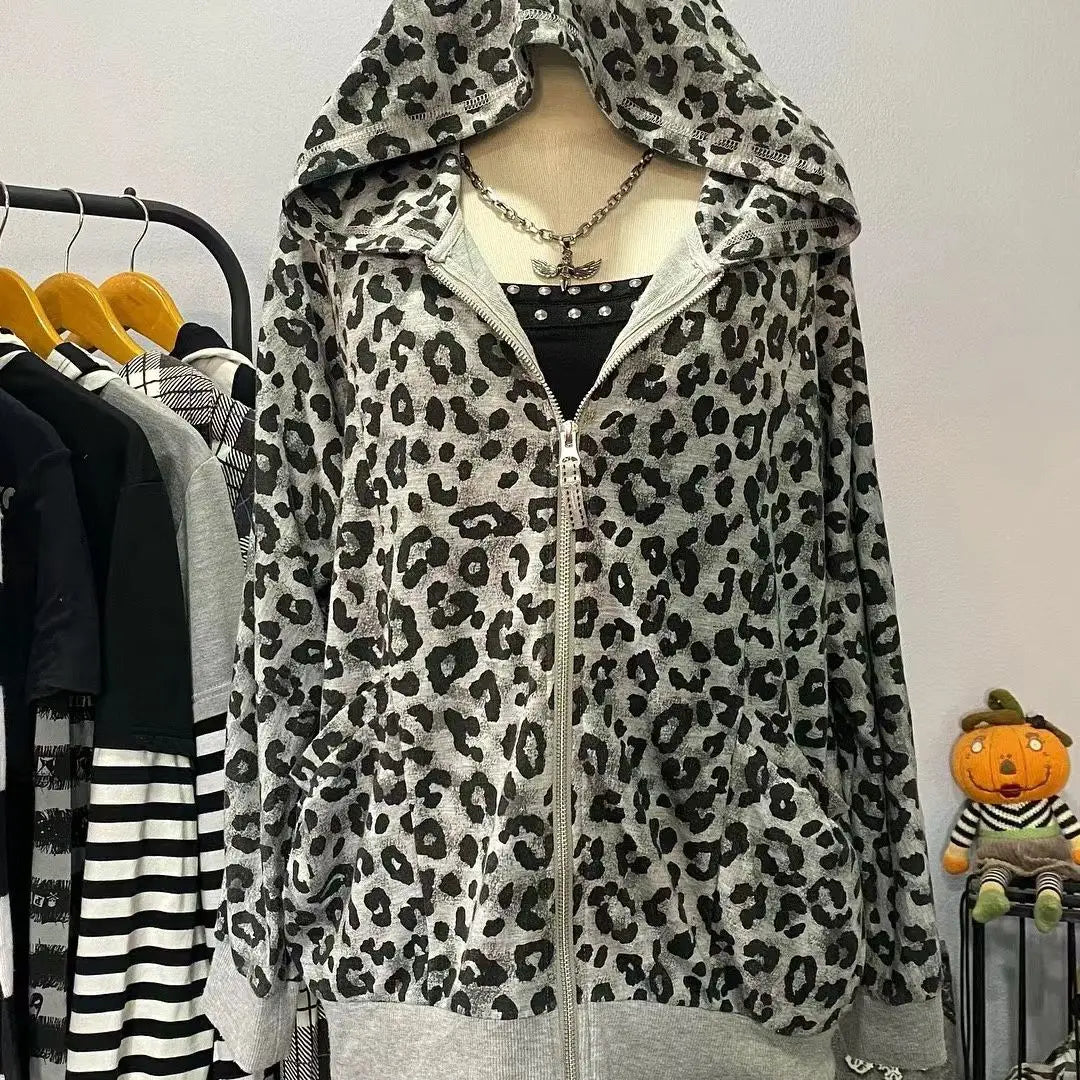 Aiertu  -  American Style Retro Hot Girl Leopard Full Printed Zip Up Hoodies Women's Retro Casual Sweatshirts Loose Autumn\winter Jackets Aiertu