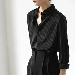 Aiertu Vintage Black Striped Shirts Women Office Long Sleeve Loose Casual Blouses Lady Korean Fashion Elegant Chic All Match Tops Aiertu