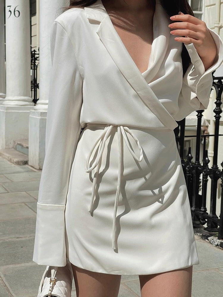 Aiertu - Black Satin V-Neck Shirt Dress Women 2025  Spring Flare Sleeve Lace Up Mini Dresses Elegant Ladies Party Vestidos Aiertu