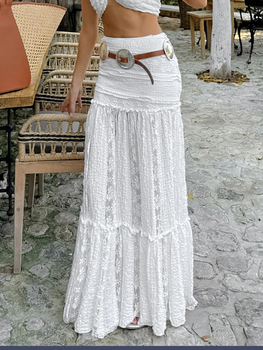 Aiertu  -  New Lace Patchwork White Long Skirt Women High Elastic Waist Textured A-line Maxi Skirts Summer Casual Fashion Holiday Faldas Aiertu