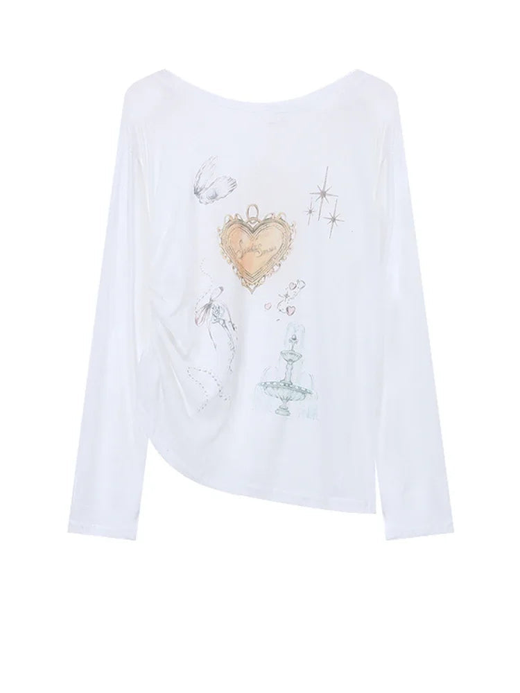 Aiertu  -  Kawaii White Long Sleeve T-shirts for Women Anime Cartoon Graphic Oversized Tees O-neck Casual Loose Autumn Clothes Chic Aiertu