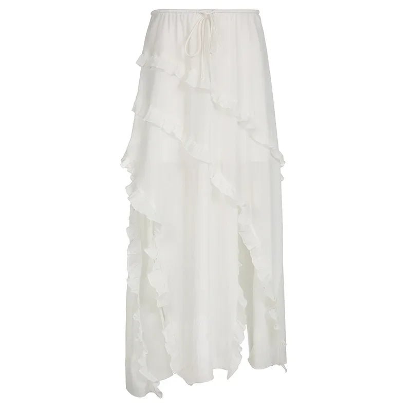 Aiertu  -  Y2K White Trim Midi Skirts Women Split Low Waisted Tie Up Long Skirts Women Fairycore Summer French Skirts Holiday Beach Aiertu