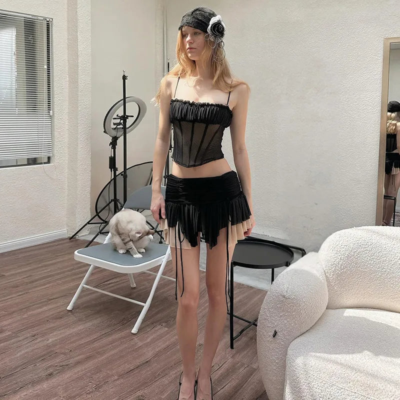 Aiertu  -  Summer 2 Piece Set for Woman Sexy Outfits Black Mesh Sheer Corset Top and Drawstring Pleated Mini Skirt Sets P94-EH32 Aiertu