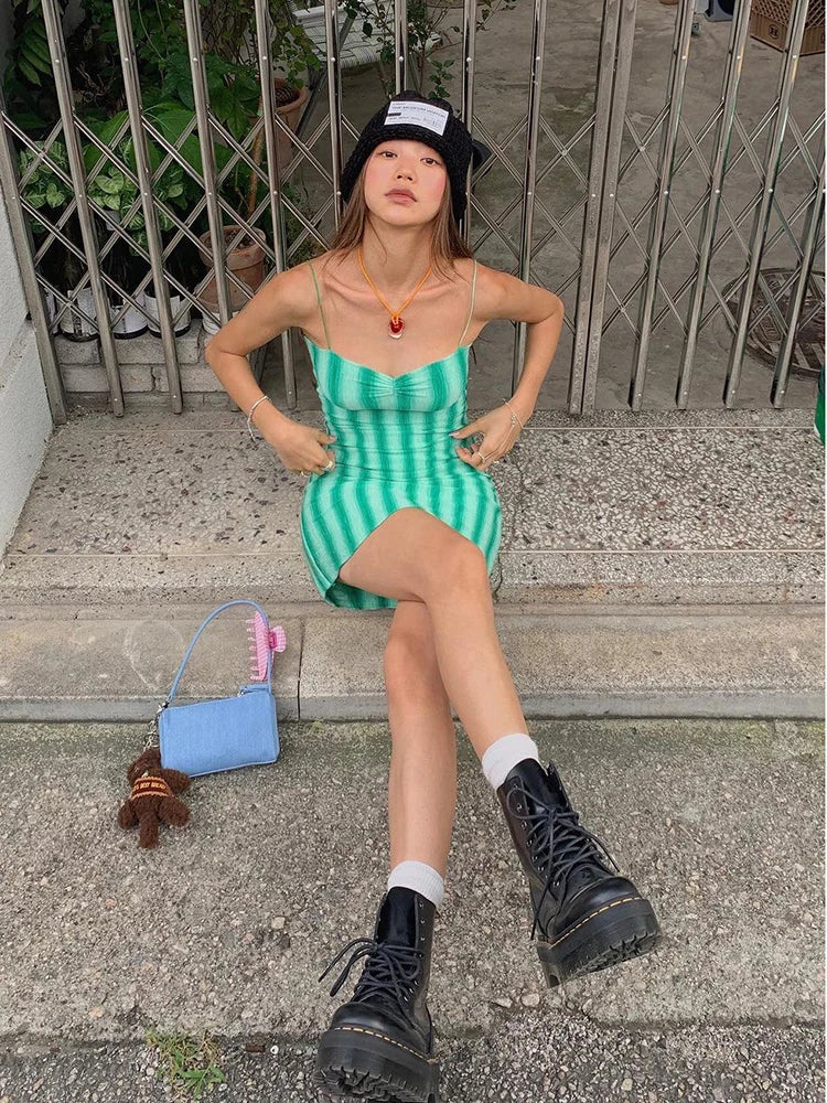 Aiertu  -  Sexy Striped Print Dress Women Spaghetti Strap Summer New Trend Sleeveless Backless Pleated Beach Vacation Mini Bodycon Aiertu