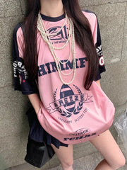Aiertu  -  Satin Pink Sport T Shirts Women Letter Print Patchwork Short Sleeve Tops American Retro Summer Basketball Loose Clothes Aiertu