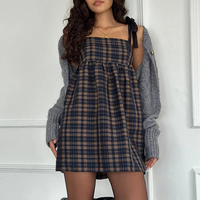 Aiertu  Strap Plaid Print A-Line Party Dress Cottage Cutest Tie up Strap Babydoll Mini Dress Y2k Vintage Fairy Sleevelss Dress Women Aiertu