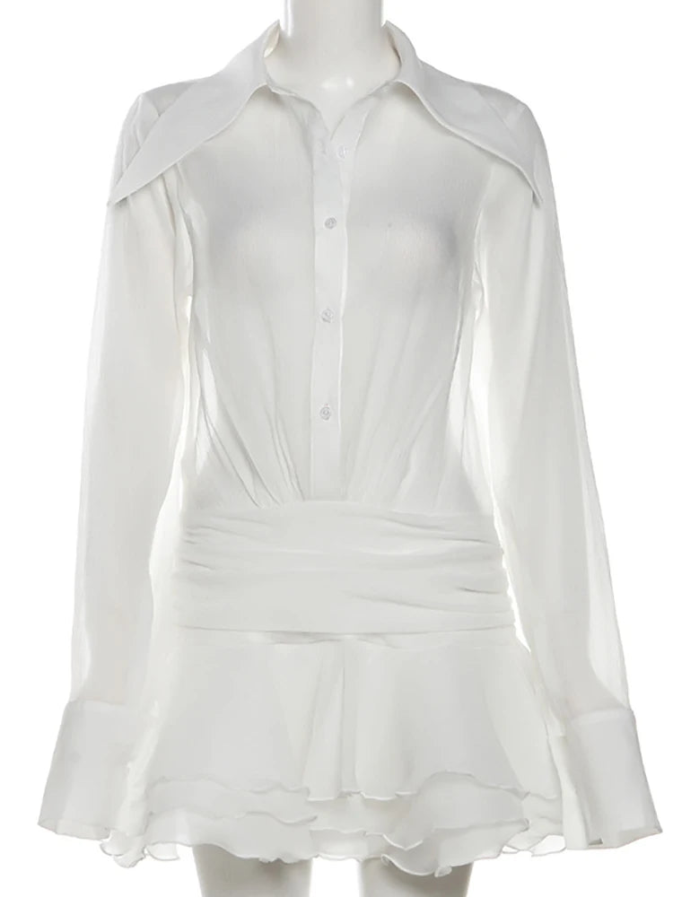 Aiertu  -  Sexy Deep V-neck Ruffles Women Dress White Flare Sleeve Single Breasted Dress Female Summer Loose Elegant Party Clubwear Aiertu