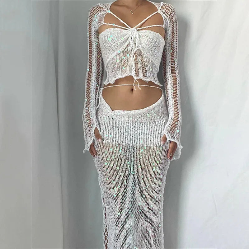 Aiertu  -  Knitted Skirt Sets Sequins Two Pieces Set Long Sleeve Crop Top and Skirt Suit Glitter Sets Sexy Crochet Matching Sets for Women Aiertu