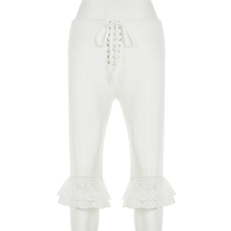 Aiertu  -  Holiday Solid Lace Trim Bandage Knee Length Pants Sweet Slim Mid-Waisted Pants Women 2026 Summer Fashion Streetwear Lady Aiertu