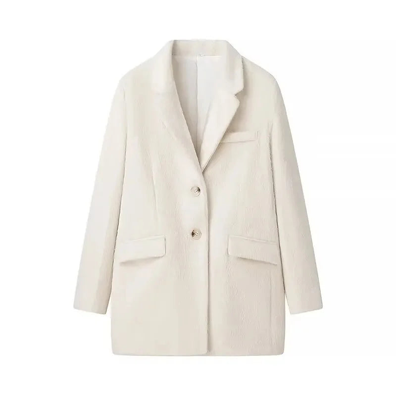 Aiertu  -  Fashion Lapel Faux Fur Mid-length Suit Jacket For Women Casual Single Breasted Long-sleeved Jackets Autumn Winter Warm Outerwear Aiertu