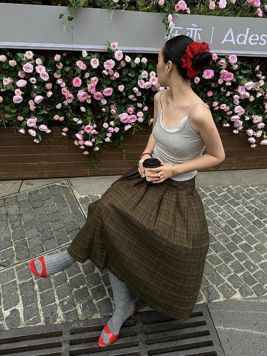 Aiertu  -  Women Midi Long Plaid Skirt Vintage Green High Waist Loose A-line Pleated Skirt School Uniform Casual Autumn Clothes Aiertu
