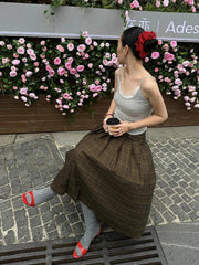 Aiertu  -  Women Midi Long Plaid Skirt Vintage Green High Waist Loose A-line Pleated Skirt School Uniform Casual Autumn Clothes Aiertu
