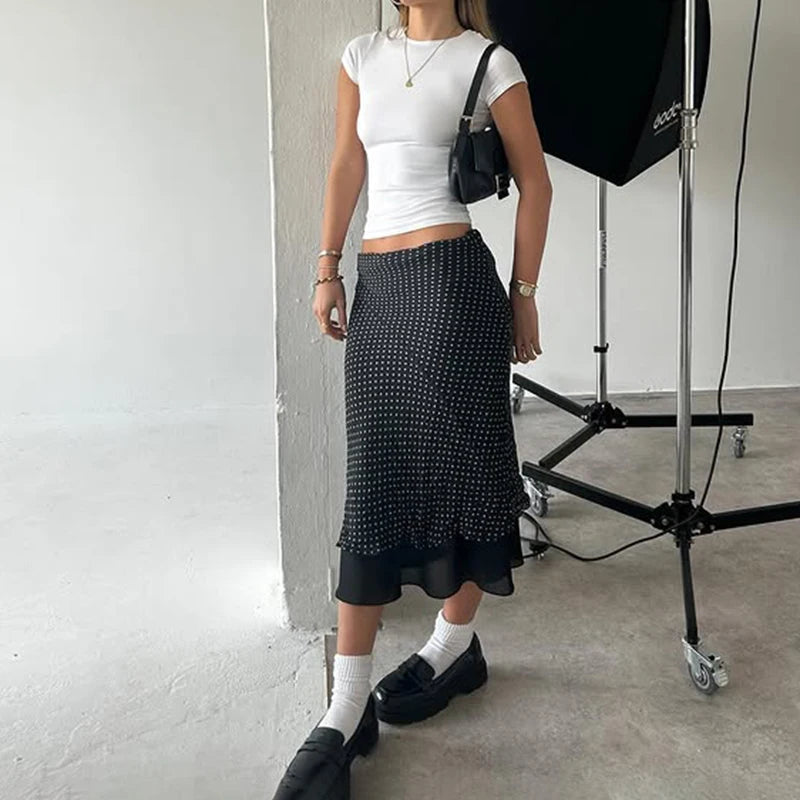 Aiertu  Patchwork Polka Dot Skirt Basic All-match Streetwear Layered Long Straight Skirt Y2K Casual Fashion Outfits Aiertu