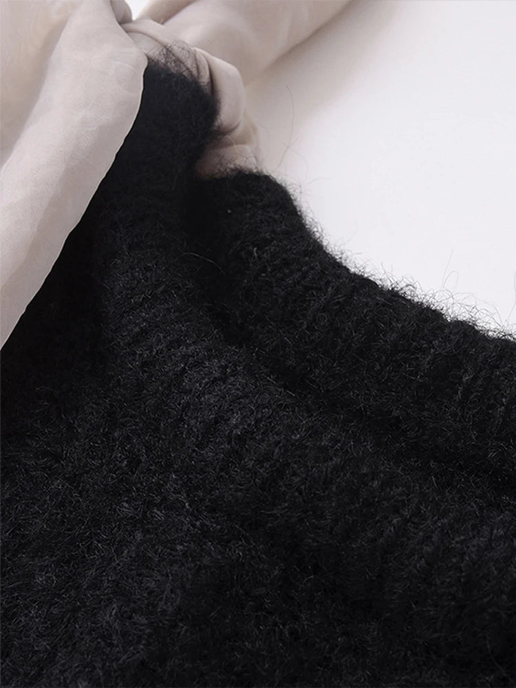 Aiertu  -  casual winter outfits Bow Patchwork Knitted Pullover Women Half Sleeve O-neck Female Sweater 2024 Autumn Winter Fashion Elegant Black Lady Knitwear Aiertu