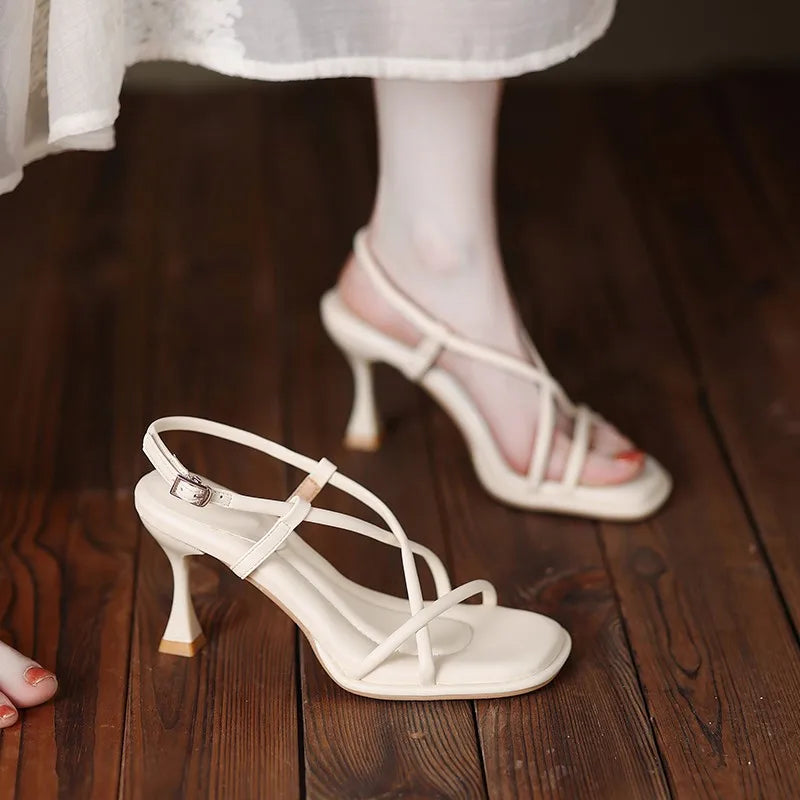 Aiertu  -  Summer New Simple Square Headed Slim Strap Thick Heel Sandals for Women, Straight Toe Open Toe Sandals for Women Aiertu