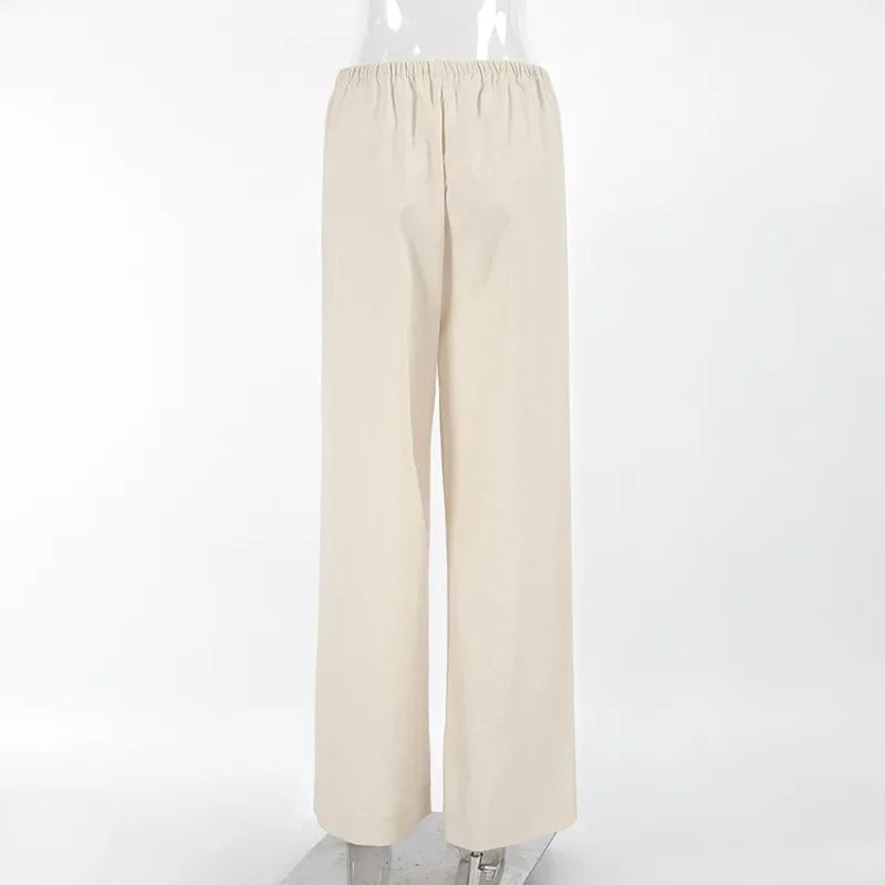 Aiertu  -  Cotton Linen Wide Leg Pants Women Fashion Elastic High Waist Pockets Casual Loose Trousers Streetwear Summer Vacation Bottoms Aiertu