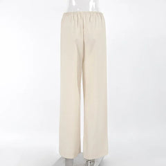 Aiertu  -  Cotton Linen Wide Leg Pants Women Fashion Elastic High Waist Pockets Casual Loose Trousers Streetwear Summer Vacation Bottoms Aiertu