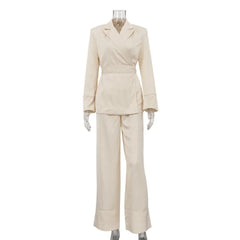 Aiertu  -  Solid Two Piece Set for Women Lapel Long Sleeve Spliced Lace Up Coat High Waist Pant Sets Female New Aiertu