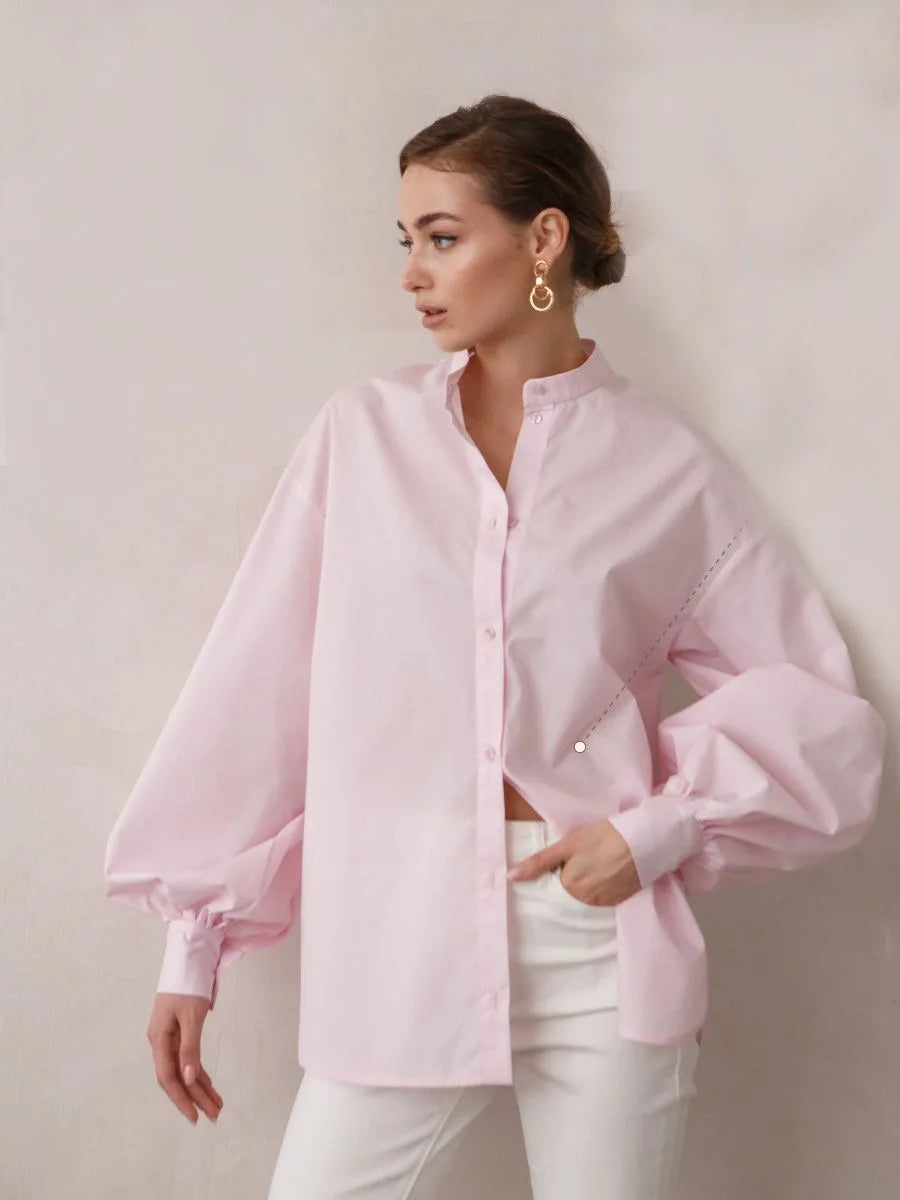 Aiertu  -  Loose O-neck Women Stylish Shirts Spring Summer Lantern Sleeve Single-breasted Female 100% Cotton Blouse Ladies Tops Aiertu