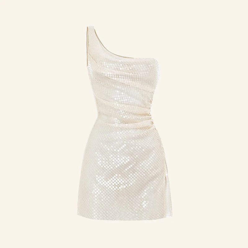 Aiertu  Y2K One Shoulder Sequins Mini Dress For Women Chic Backless Sleeveless Pleated Short Dress Summer Holiday Beach Party Vestidos Aiertu