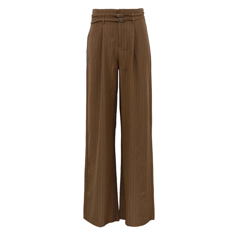 Aiertu  -  Commute Striped Pants Women High Waist Wide Leg Floor-length With Belt Pants Female 2025 Spring Summer Chic Street Lady Trousers Aiertu
