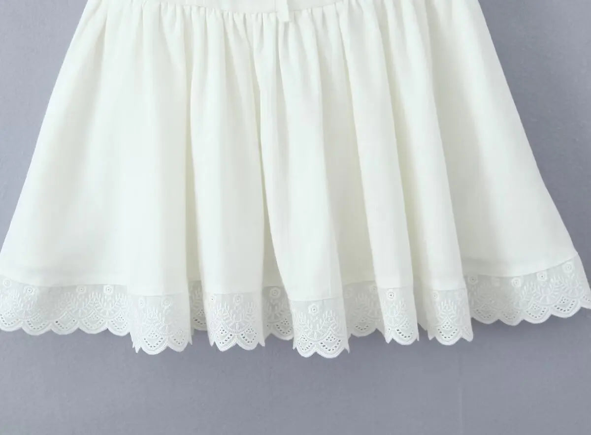Aiertu  -  Sweet Beige Splice Lace Square Collar Bow Front Short Puff Sleeve Dress Women Lace Hem Low Waist Dresses Mini Cake Robe Aiertu