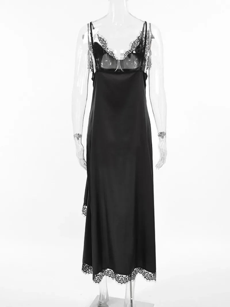 Aiertu  -  2026 Women Sexy V-neck Lace Patchwork Black Dress Y2K Streetwear Fashion Spaghetti Strap Irregular Split Black Long Slip Dresses Aiertu