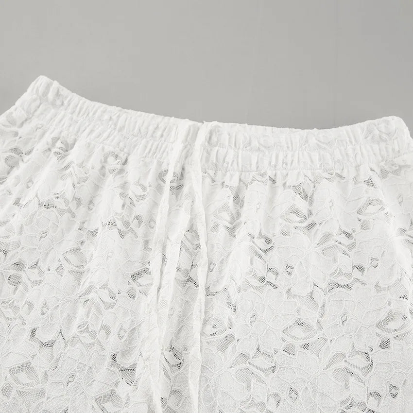 Aiertu  -  White Lace Jacquard Sheer Wide Leg Pant Women Drawstring High Waist Transparent Trouser Summer Sexy Casual Chic Bohemian Trouser Aiertu