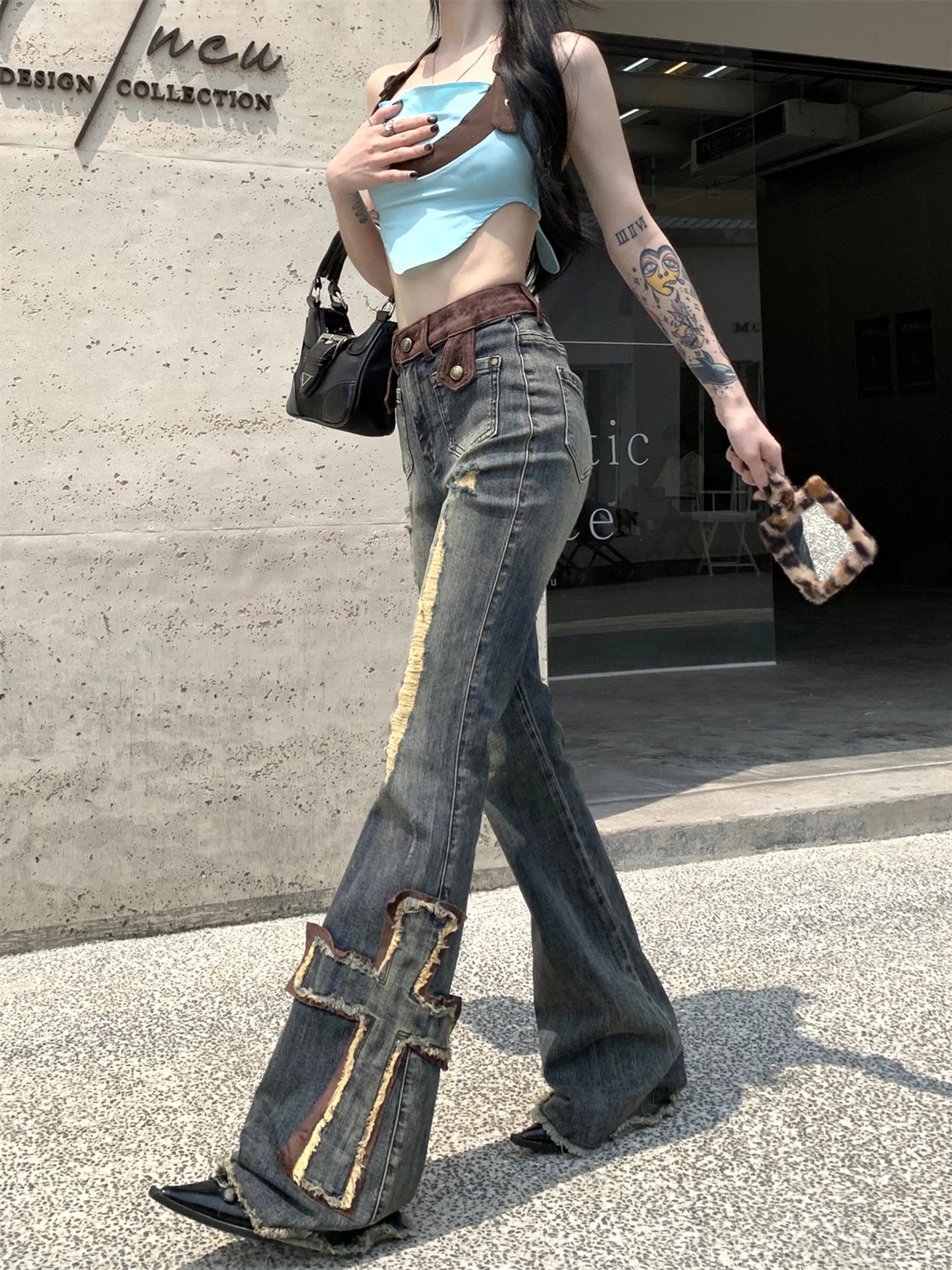 Aiertu  Cross Patchwork Bootcut Pants for Women Destroyed High Rise Slim Trousers Y2k Flare Jeans 90s Retro Korean Streetwear Aiertu