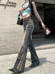 Aiertu  Cross Patchwork Bootcut Pants for Women Destroyed High Rise Slim Trousers Y2k Flare Jeans 90s Retro Korean Streetwear Aiertu
