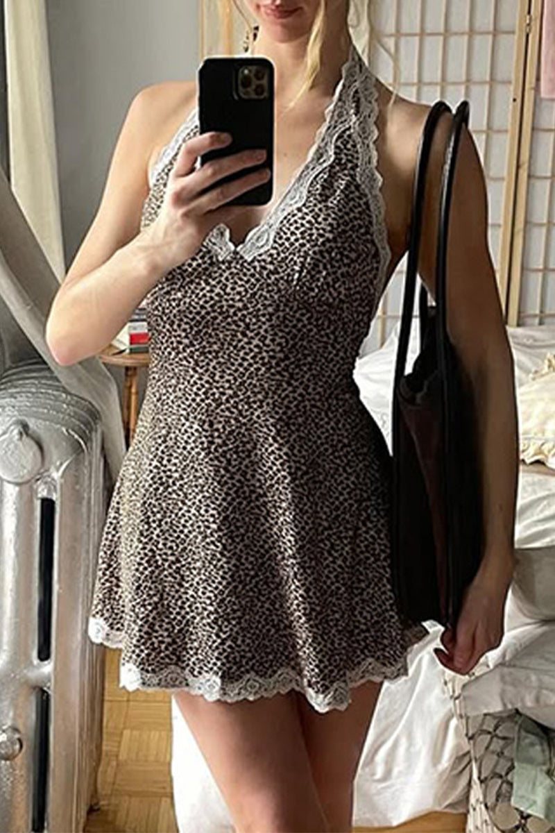 Aiertu  -Sexy Leopard Lace Lace Up Halter Sleeveless Dresses aiertu