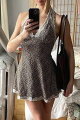 Aiertu  -Sexy Leopard Lace Lace Up Halter Sleeveless Dresses aiertu