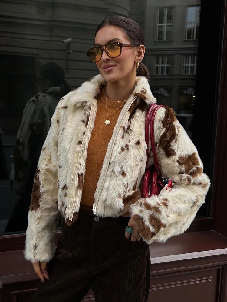 Aiertu  -  Women Autumn Casual Faux Fur Lapel Crop Jacket Fashion Cow Pattern Fuzzy Long Sleeve Coat Female Chic Zipper Outerwear Aiertu