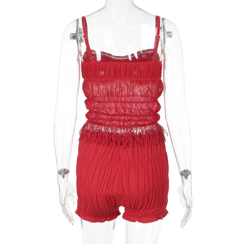 Aiertu  -  2 Piece Sets Woman Outfit Sexy Fringed Ruched Mesh Top and Shorts Solid Matching Sets Summer Wear 2025 P66-FZ18 Aiertu
