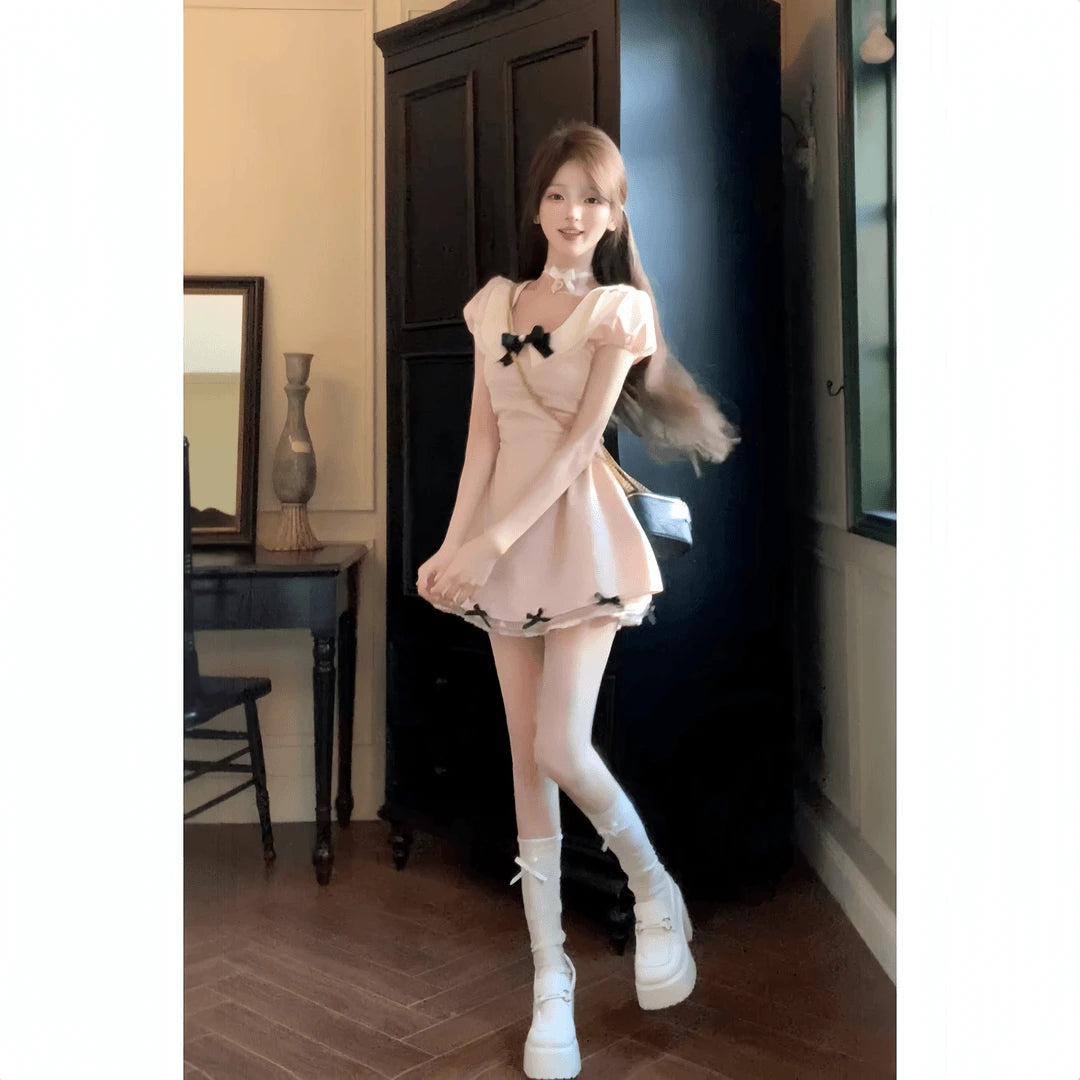Aiertu  -  Elegant Short Sleeve Kawaii Mini Dress Women Casual 2000s Vintage Y2k Clothing Japanese Sweet Pink Dress Evening Party Chic Aiertu